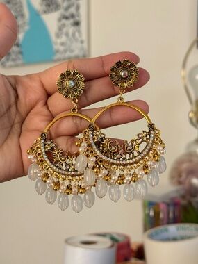 Gold-Tone White Bead Chandbali Earrings